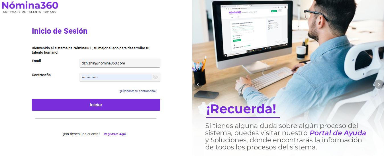 Pantalla de inicio de sesión del sistema de Talento Humano