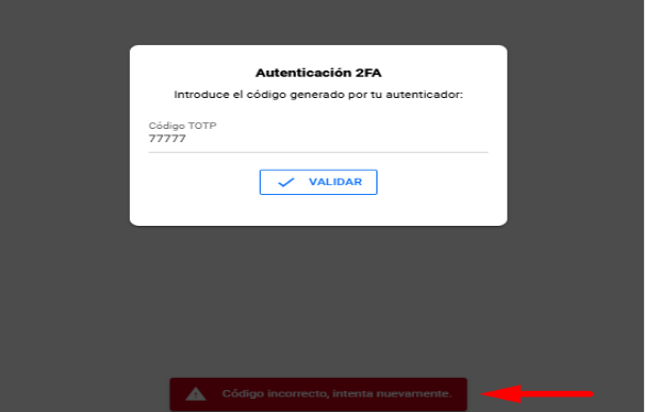 Mensaje de error mostrado cuando el código 2FA es incorrecto