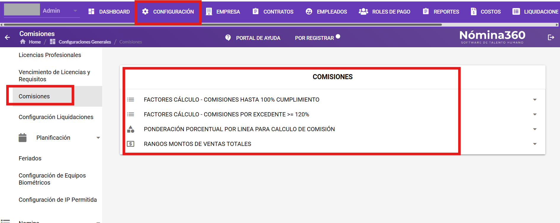 Acceso al módulo de comisiones en Configuración