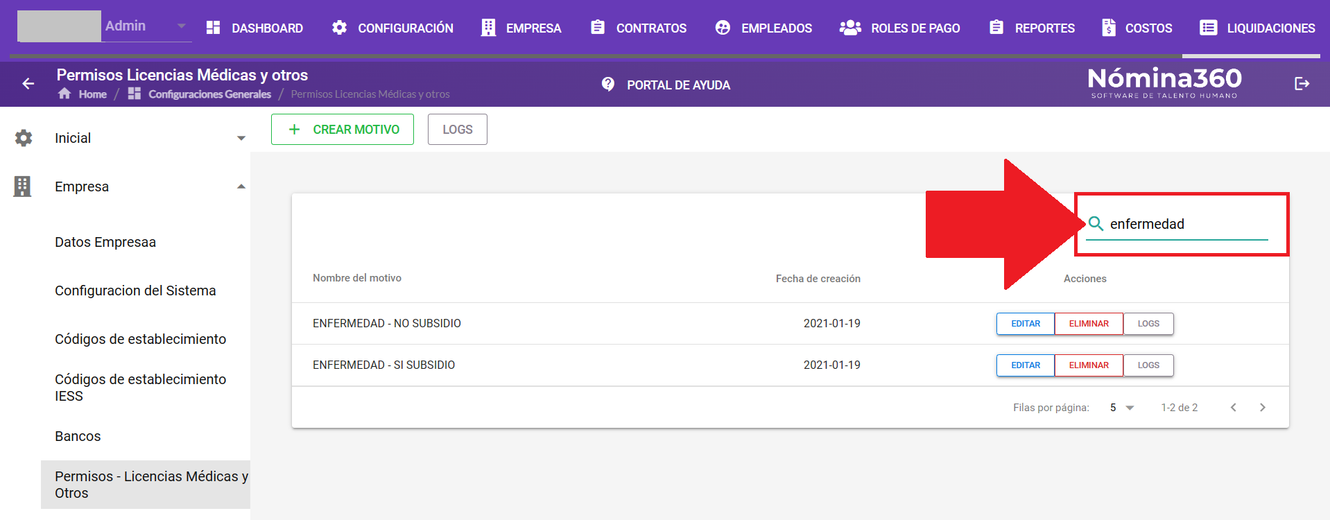 Listado con un motivo de permiso seleccionado para eliminar