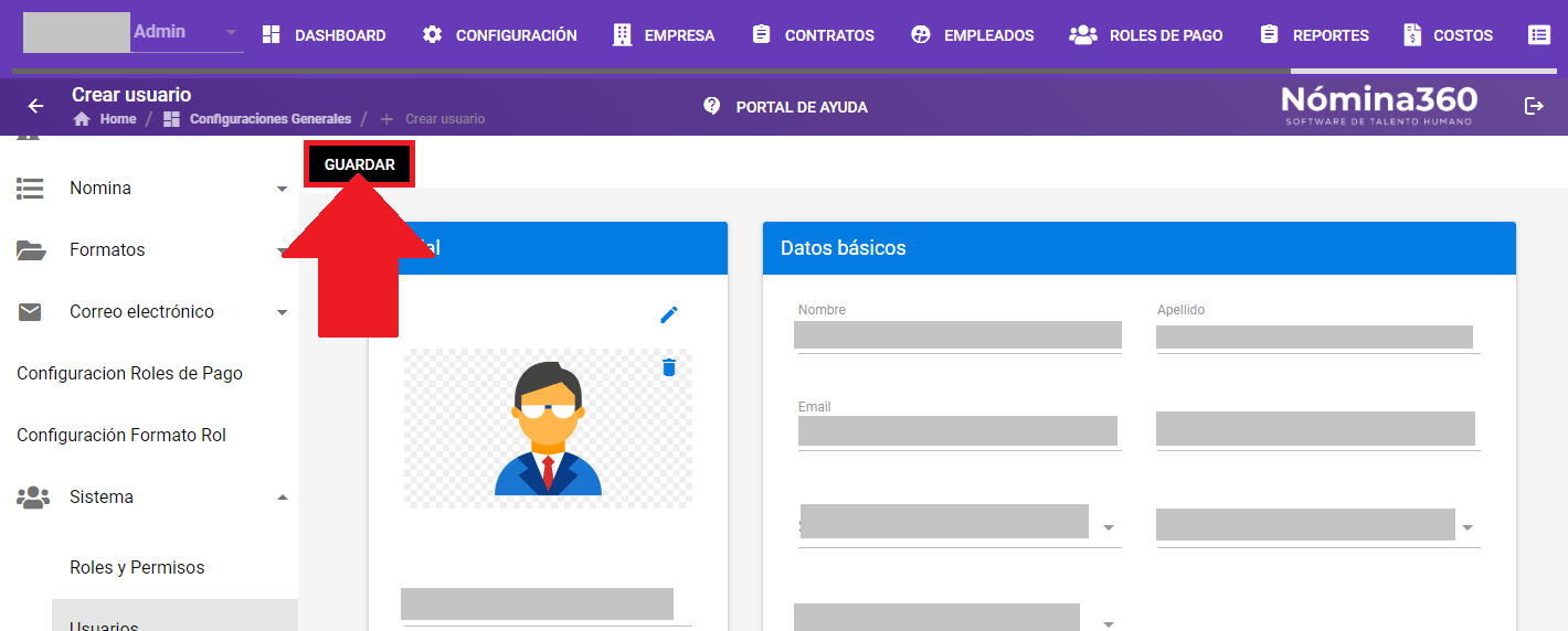 Botón Guardar al final de la ficha del usuario